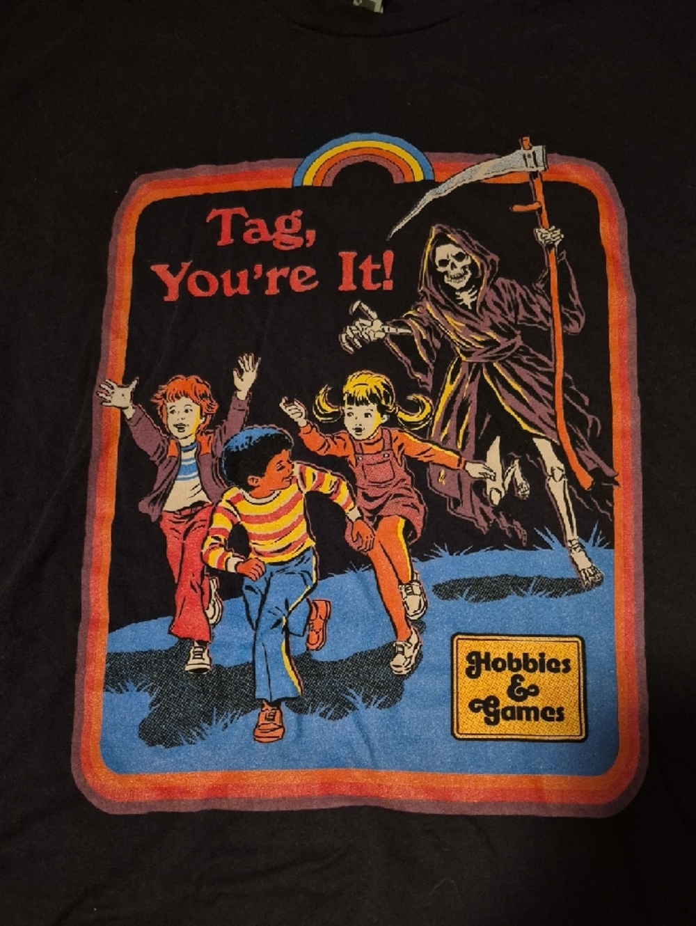 Black Horror Tee Grim Reaper Red and Blue Graphic "Tag You're It" XXL Oversized